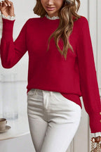 Lace Trim Patchwork Buttoned Cuffs Loose Sweater
