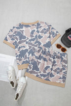 Multicolour Retro Camouflage Color Block Trim Skort 2pcs Outfit