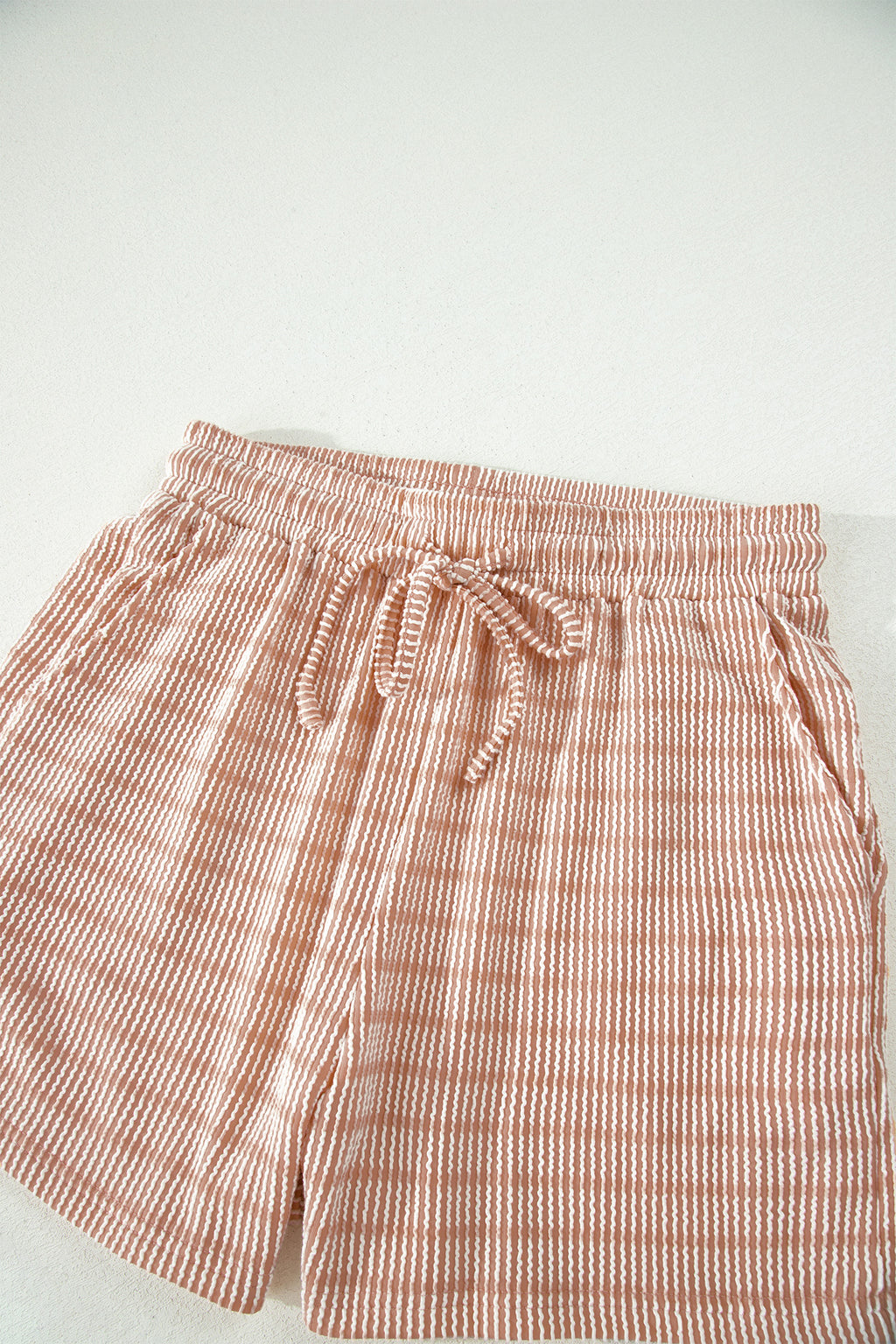 Striped Raised Rib Loose Tee Drawstring Elastic Waist 2pcs Short Set