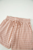 Striped Raised Rib Loose Tee Drawstring Elastic Waist 2pcs Short Set