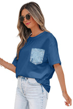 Color Block Chest Pocket Patched Casual Short Sleeve Top