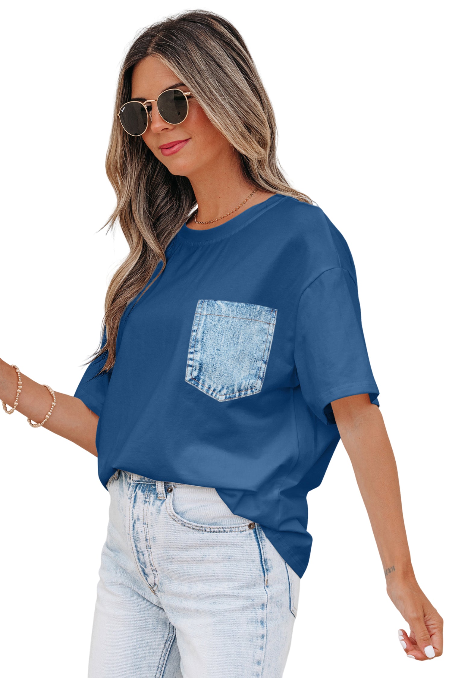 Color Block Chest Pocket Patched Casual Short Sleeve Top
