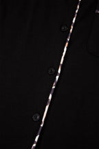 Black Leopard Patchwork Trim Lapel Shirt Drawstring Shorts 2pcs Pajama Set