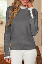 Lace Trim Patchwork Buttoned Cuffs Loose Sweater