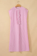 Striped Frilled Detail Half Buttons Short Sleeve Long Dress