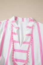 Pink Stripe Plus Size V Neck Short Puff Sleeve Tiered Maxi Dress
