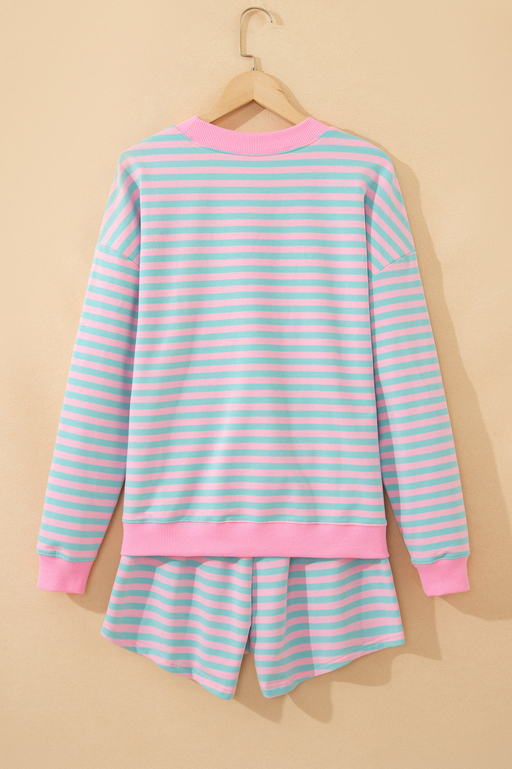 Striped Color Block Detail Long Sleeve Pullover Elastic Waist Pull On Shorts 2pcs Set
