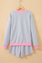 Striped Color Block Detail Long Sleeve Pullover Elastic Waist Pull On Shorts 2pcs Set