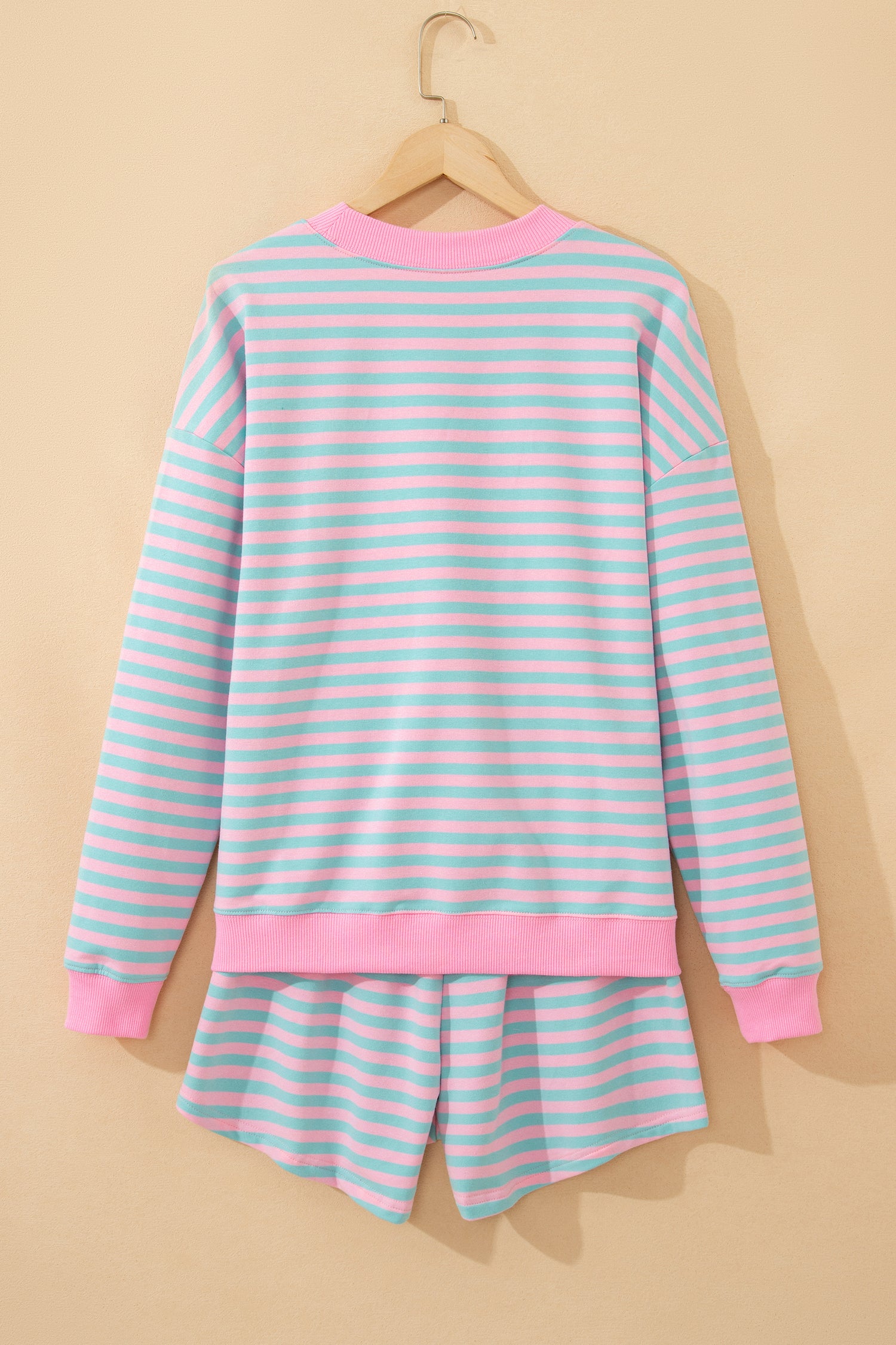 Striped Color Block Detail Long Sleeve Pullover Elastic Waist Pull On Shorts 2pcs Set