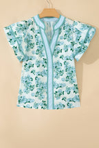 Green Floral Meets Stripes V Neck Flutter Sleeve Blouse
