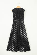 Polka Dot Print Contrast Trim V Neck Zip Up Sleeveless Dress