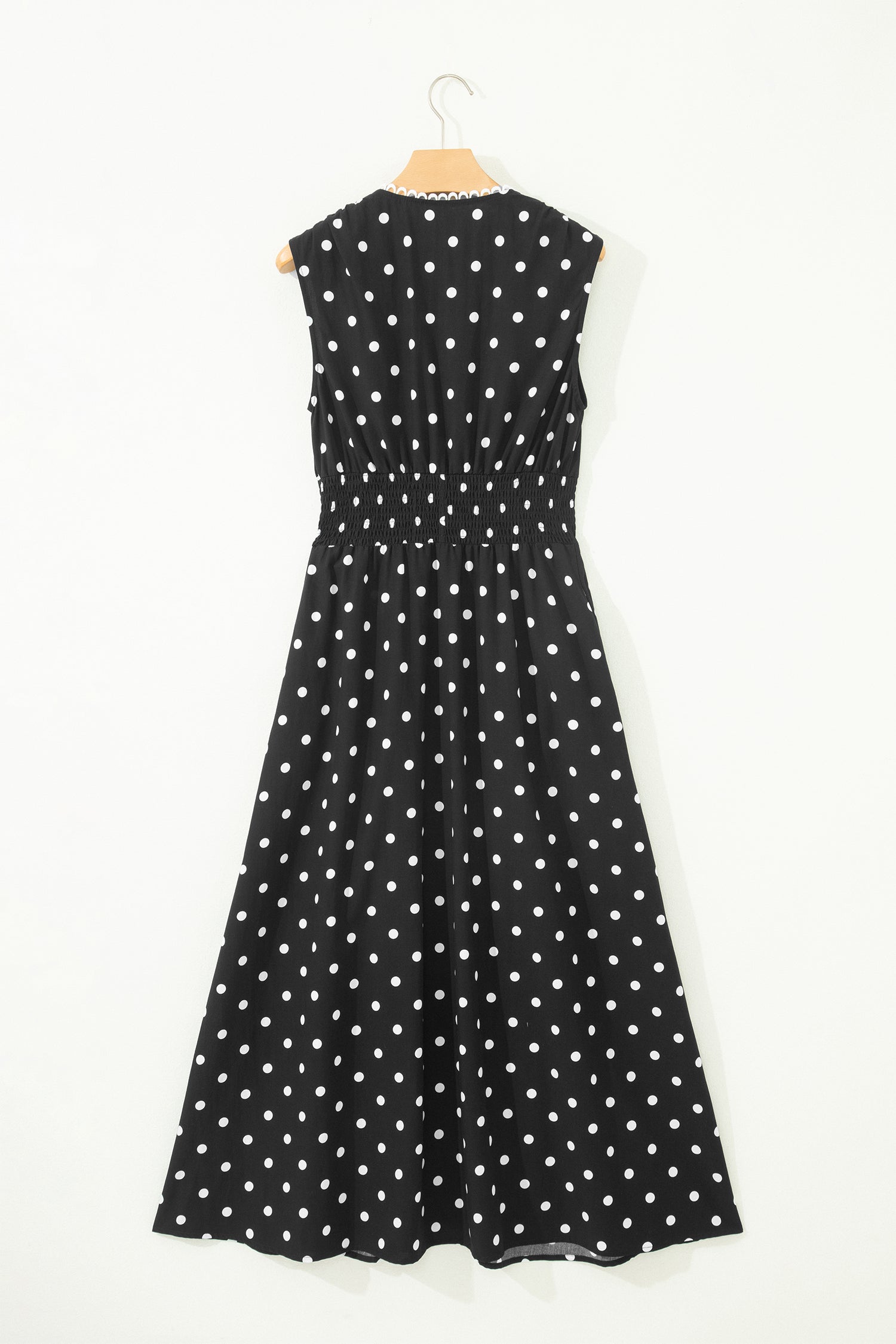 Polka Dot Print Contrast Trim V Neck Zip Up Sleeveless Dress