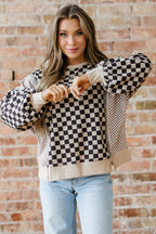 Khaki Mixed Checkered Pattern Patchwork High Low Casual Top