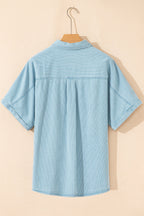 Sky Blue Stripe Cuffed Short Sleeve Button up Loose Shirt