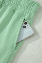 Solid Colour Ribbed Trim Short Sleeve Top Drawstring Loose Pants 2pcs Outfit