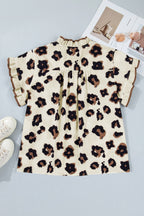 Khaki Plus Size Leopard Print Frilled Color Block Trim Button Down Short Sleeve Blouse