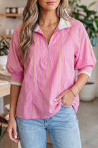 Pink Stripe Striped V-Neck Half Sleeve Zipper Ribbed Cuff Casual Shift Blouse