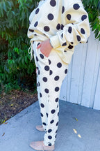 Beige Polka Dot Print Drop Shoulder Pullover Drawstring Jogger Pant Set