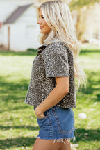 Grey Vintage Leopard Print Short Sleeve Loose Cotton Denim Shirt