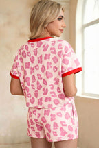 Rose Unique Leopard Print Contrast Trim Top Loose 2pcs Short Set