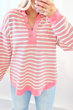 Striped Buttoned V Neck Collared Drop Shoulder Top