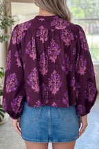 Purple Floral Print Button Front Long Sleeve Round Neck Casual Shift Top