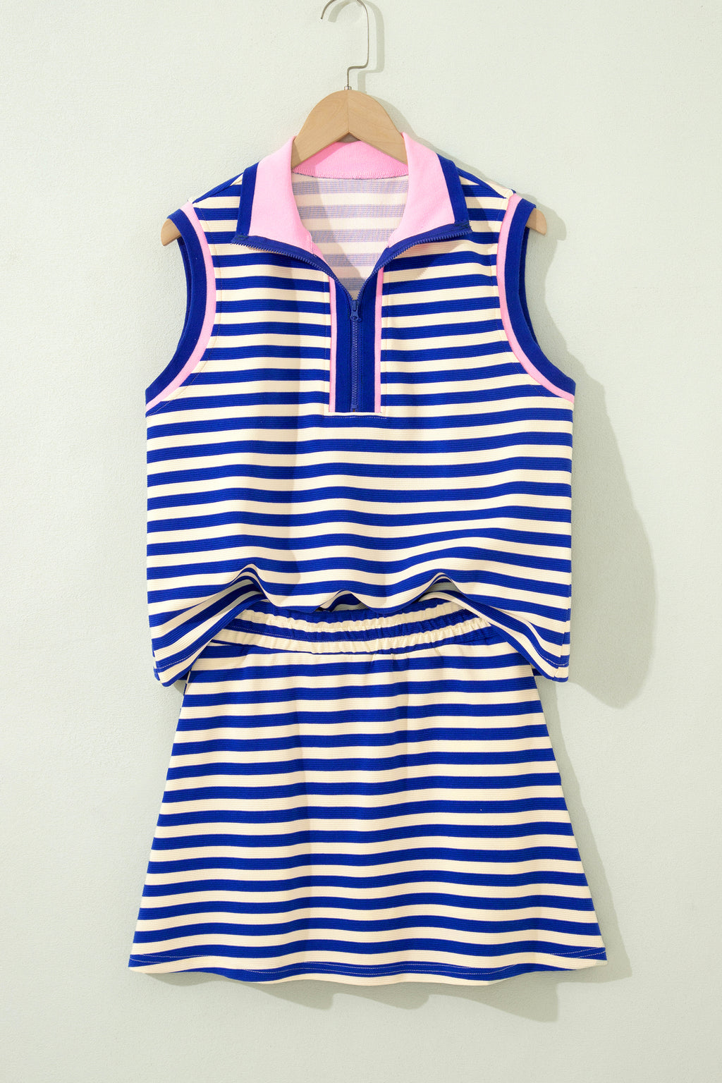 Textured Stripe Print Contrast Trim Zip Collar Sleeveless 2pcs Skort Set