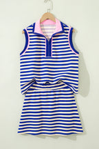 Textured Stripe Print Contrast Trim Zip Collar Sleeveless 2pcs Skort Set