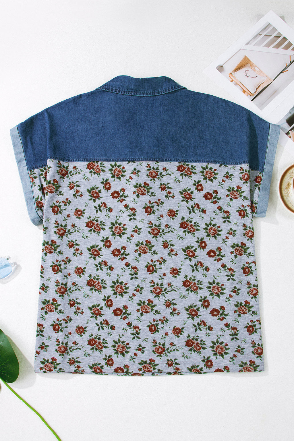 Grey Retro Floral Print Denim Patchwork Plus Size Polo Tee