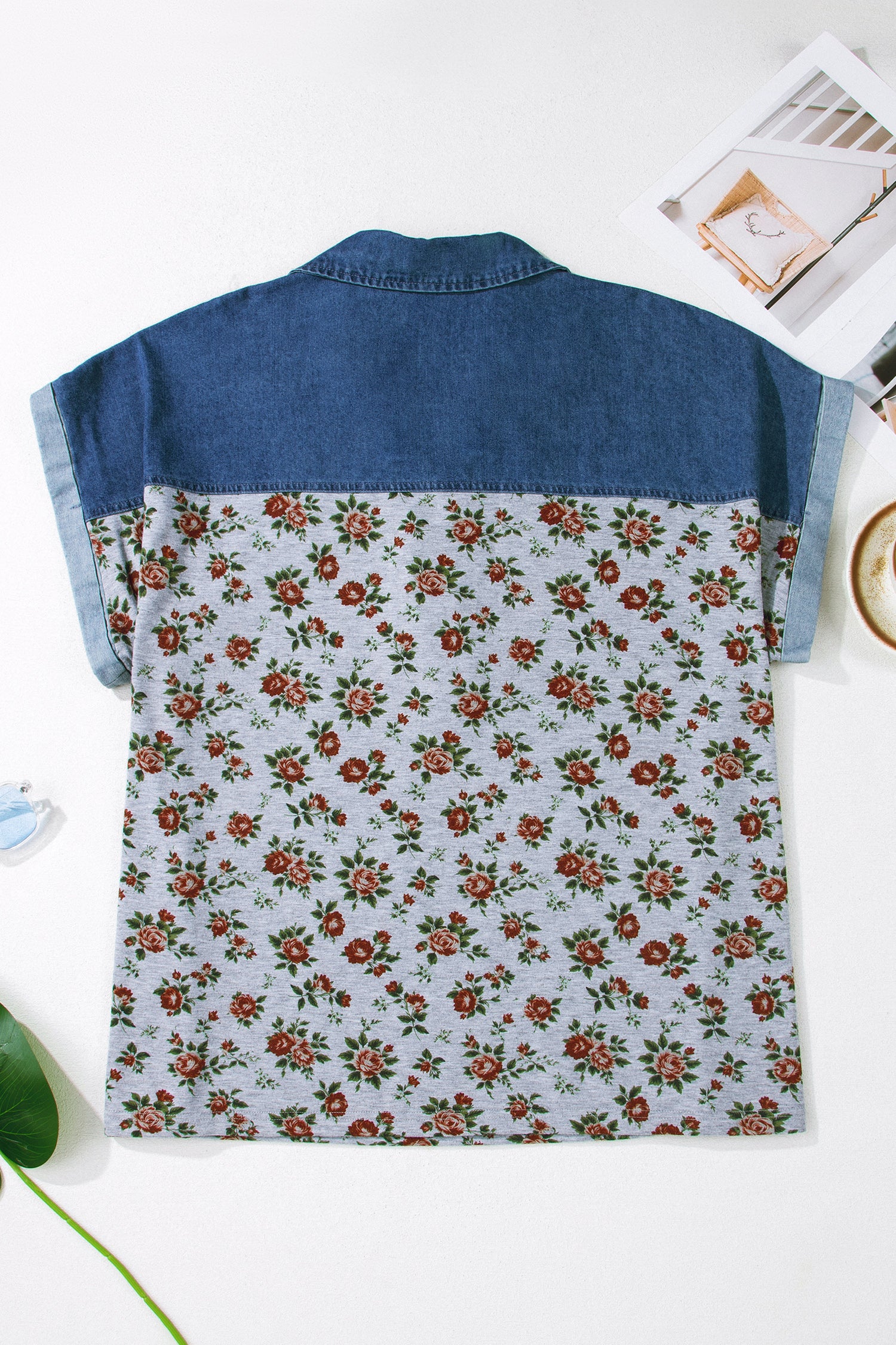Grey Retro Floral Print Denim Patchwork Plus Size Polo Tee