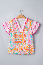 Rose Boho Mixed Print Contrast Trim Striped Patchwork Tiered Short Sleeve Blouse