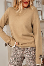Leopard Bow Decor Split Cuff Contrast Trim Sweater
