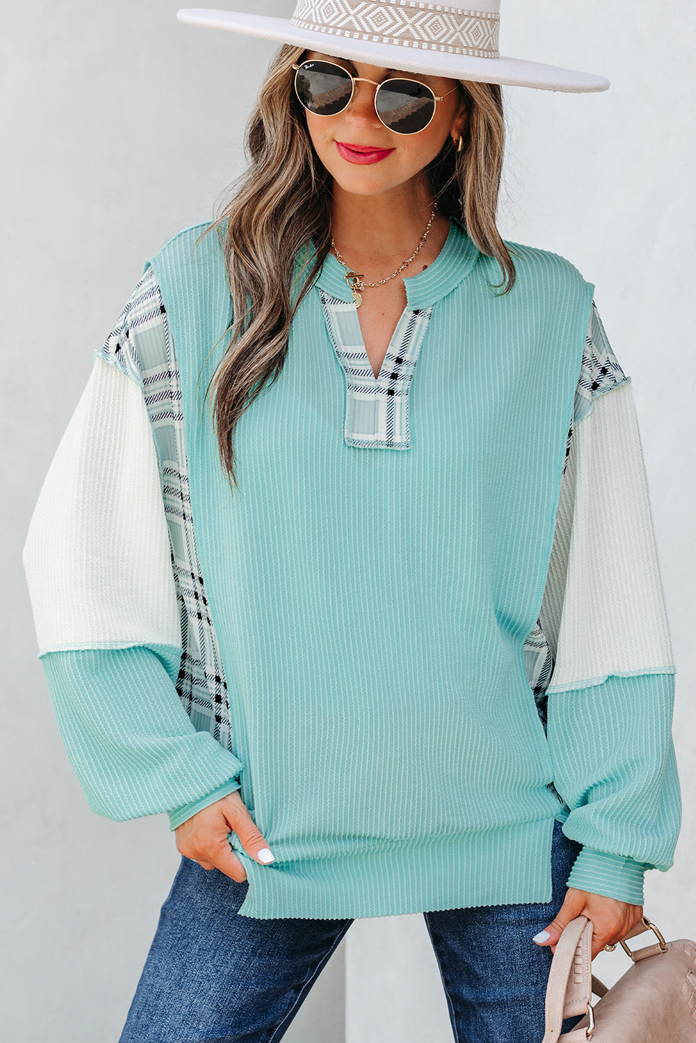 Corded Texture Plaid Colorblock Patchwork Split Neck Long Sleeve Top