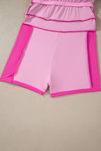 Rose Red Contrast Trim Neckline Active Shorts Attached One Piece Swim Dress