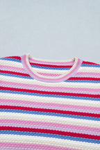 Multicolour Textured Stripes Knit Short Sleeve Sweater