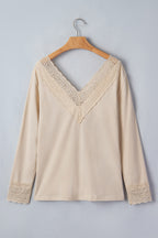 Apricot Lace Trim V Neck Long Sleeve Patchwork Pullover Top