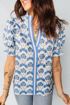 Sky Blue Floral Print Flounced Short Sleeve Contrast Trim V Neck Blouse
