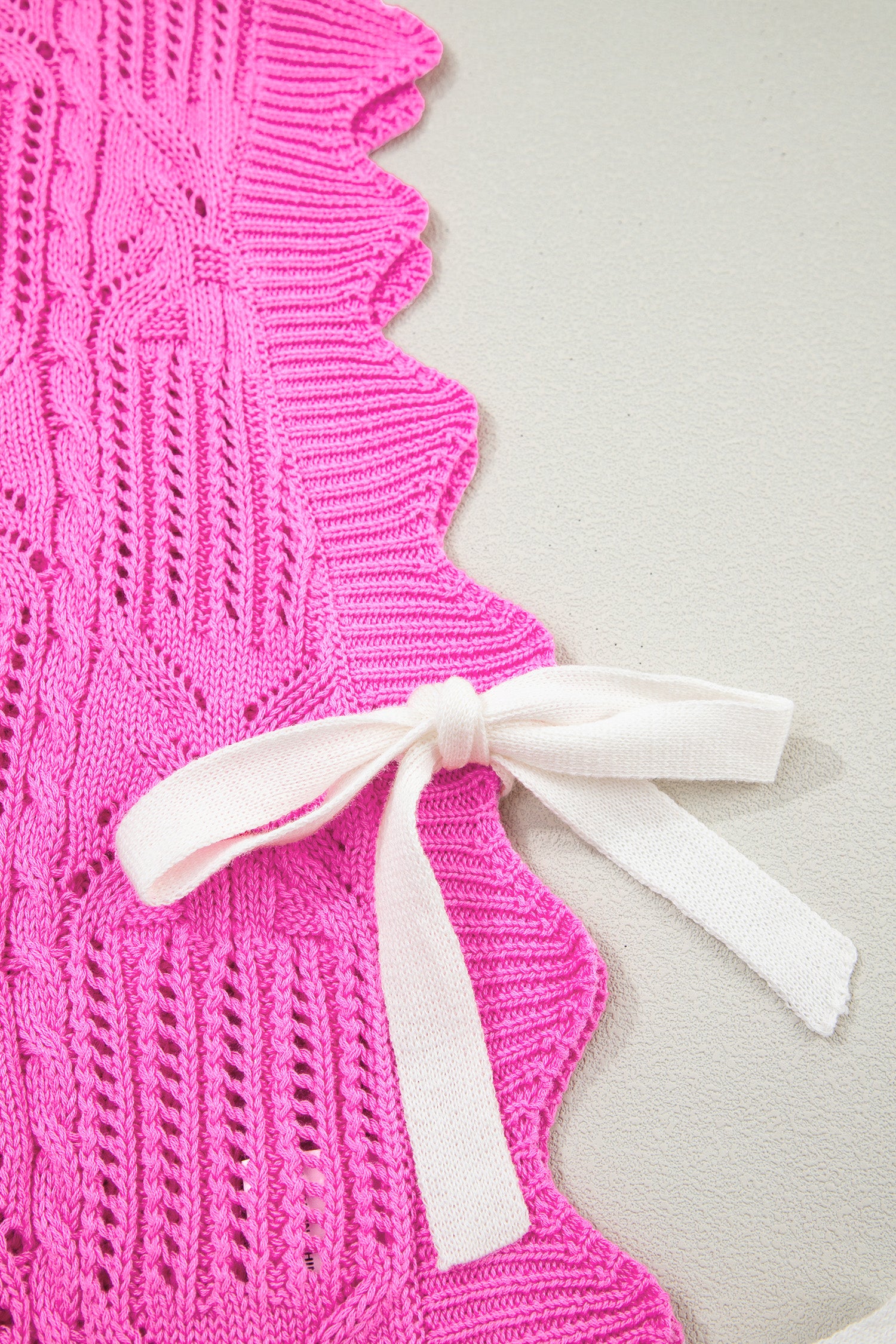 Pointelle Knit Patterned Scalloped Trim Short Sleeve Sweater