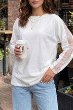 White Sheer Lace Splicing Long Sleeve Shift Top