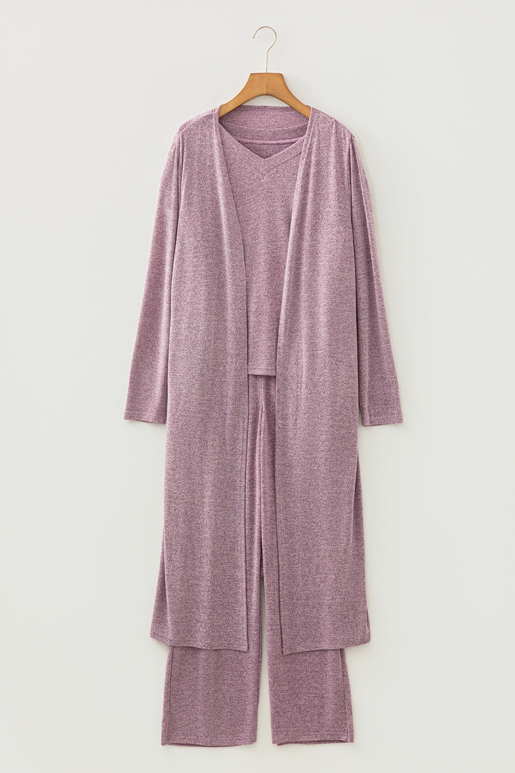 3pcs V Neck T Shirt Ribbon Knot Pants Open Duster 3pcs Lounge Set