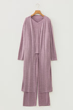 3pcs V Neck T Shirt Ribbon Knot Pants Open Duster 3pcs Lounge Set
