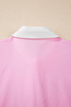 Pink Hollow-out Floral Contrast Patchwork Short Sleeve Button Up Shirt