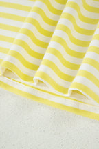Yellow Stripe Colorblock Trim V Neck Tee Drawstring Elastic Waist Short Set