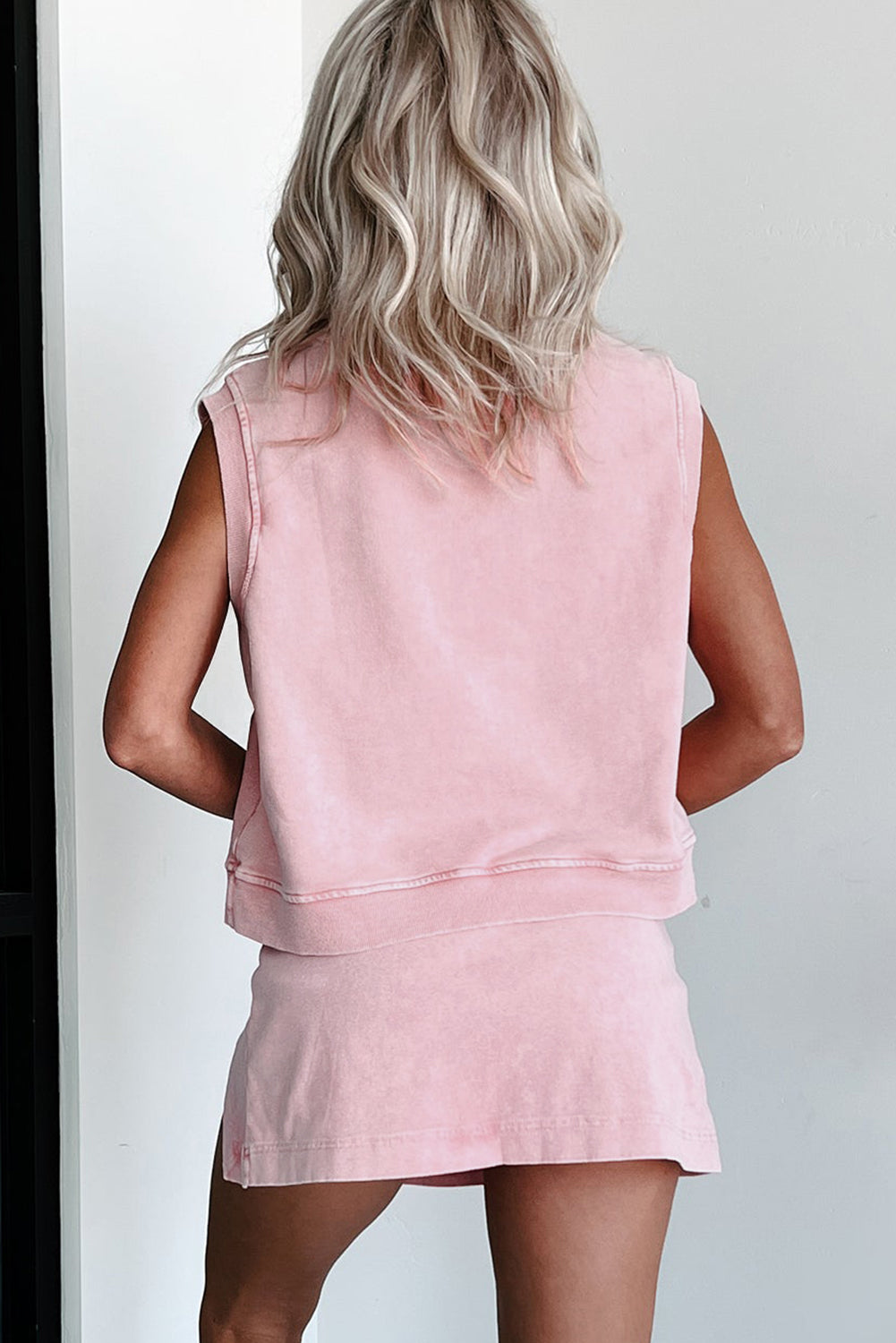 2 Pieces Mineral Wash Cotton Tank Top Lined Split Skirt Set