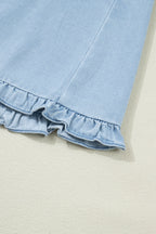 Beau Blue Ruffled Edge Collared Shift Denim Dress with Pockets