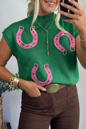 Corded Horseshoes Ribbed Trim Mock Neck Short Sleeve Sweater