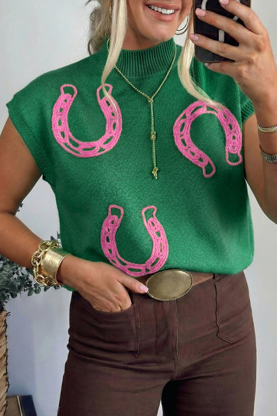 Corded Horseshoes Ribbed Trim Mock Neck Short Sleeve Sweater