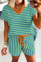 Green Stripe Colorblock Trim V Neck Tee Drawstring Elastic Waist Short Set