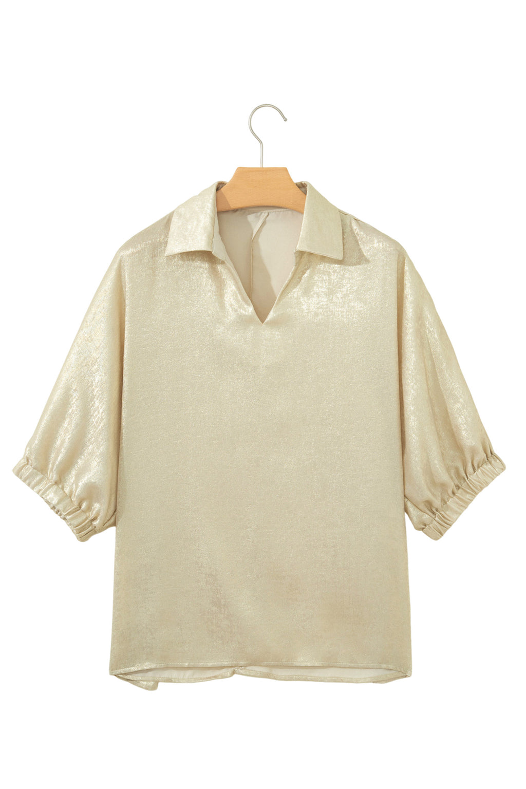 Collared V Neck Half Sleeve Metallic Top