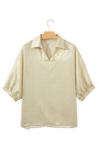 Collared V Neck Half Sleeve Metallic Top